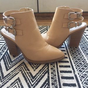 Double buckle tan ankle boots